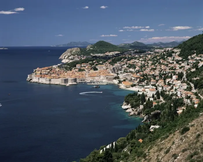 Framed Print : Elevated view along the coast to the city of Dubrovnik, Dalmatia, Dalmatian coast Framed Print : Elevated view along the coast to the city of Dubrovnik, Dalmatia, Dalmatian coast