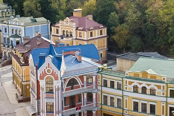 Elevated view over colourful buildings with multicolor roofs in a new residential area of Kiev
