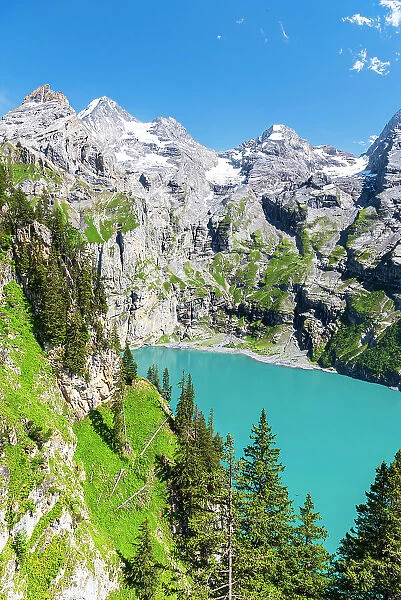 Elevated view of the crystal blue water of the lake of Oeschinensee among pine trees and alpine peaks covered with snow, Oeschinensee, Kandersteg, Bern Canton, Switzerland, Europe