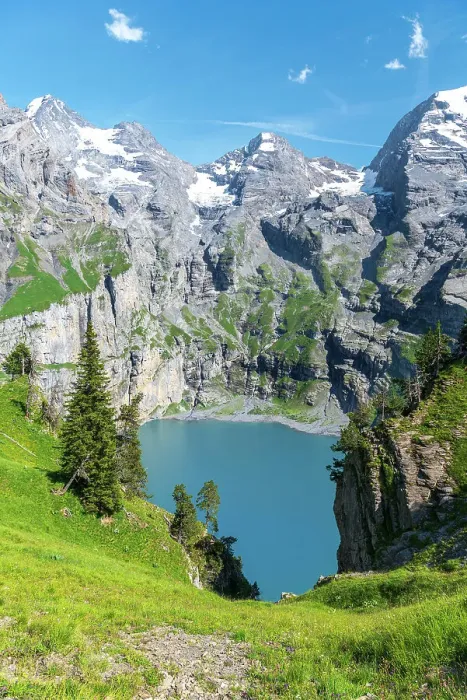 Framed Print : Elevated view of the crystal clear water of Oeschinensee lake, Oeschinensee, Kandersteg, Bern Canton, Switzerland, Europe Framed Print : Elevated view of the crystal clear water of Oeschinensee lake, Oeschinensee, Kandersteg, Bern Canton, Switzerland, Europe