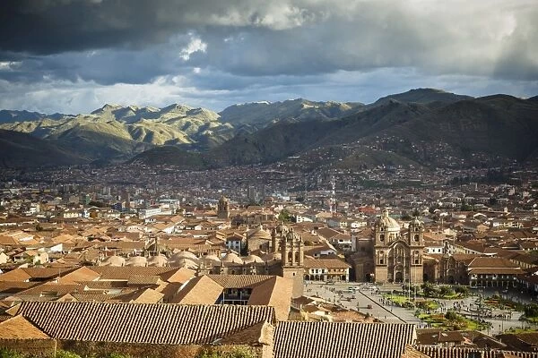 Elevated view over Cuzco and Plaza de Armas, Cuzco, UNESCO World Heritage Site, Peru, South America