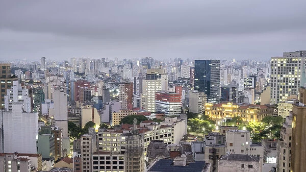 Elevated view downtown, city centre showing the illuminated Tribunal de Justica (Court of Justice) building, Sao Paulo, Brazil, South America
