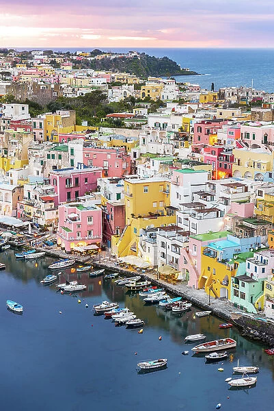 Elevated view of the fishing village of Marina Corricella with colorful houses, Procida island, Tyrrhenian Sea, Naples district, Naples Bay, Campania region, Italy, Europe