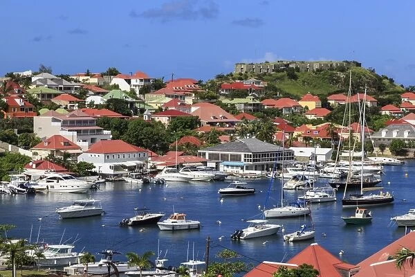 Elevated view of Fort Oscar and harbour, Gustavia, St. Barthelemy (St. Barts) (St. Barth), West Indies, Caribbean, Central America