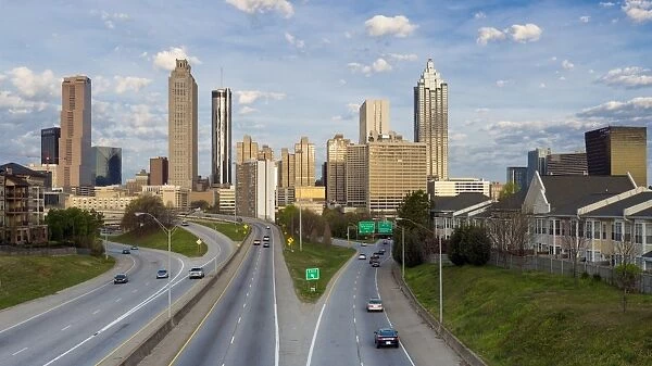 Elevated view over Freedom Parkway and the Downtown Atlanta skyline, Atlanta, Georgia, United States of America, North America