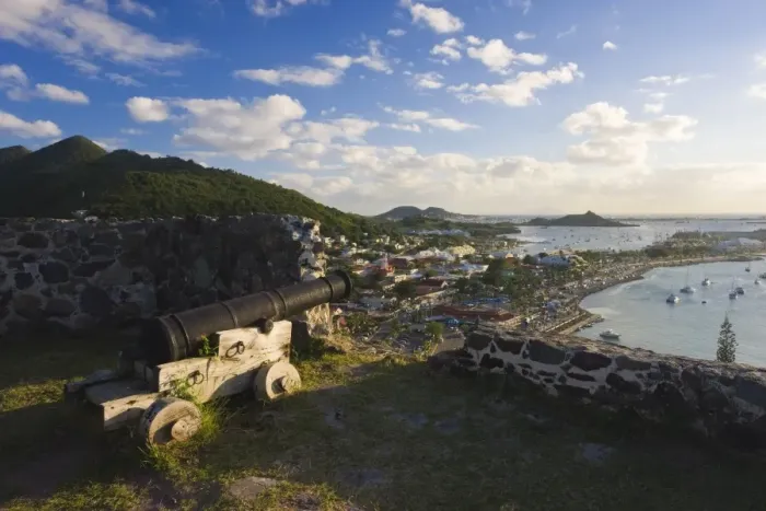 Framed Print : Elevated view over the French town of Marigot from Fort St. Louis, St. Martin Framed Print : Elevated view over the French town of Marigot from Fort St. Louis, St. Martin