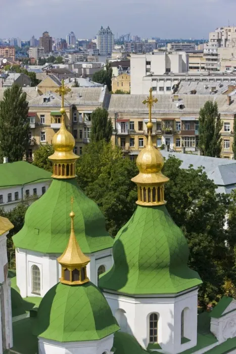 Framed Print : Elevated view of the green roof and gold domes of St. Sophia Cathedral Framed Print : Elevated view of the green roof and gold domes of St. Sophia Cathedral