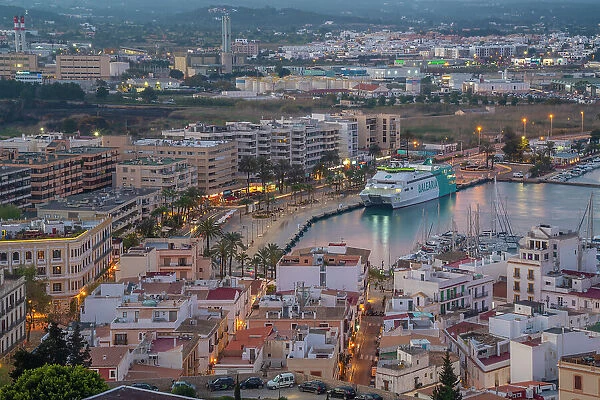 Elevated view of harbour, Dalt Vila district and city defence walls at dusk, UNESCO World Heritage Site, Ibiza Town, Eivissa, Balearic Islands, Spain, Mediterranean, Europe