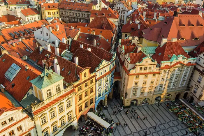 Framed Print : Elevated view of houses by Old Town City Hall on Old Town Square, UNESCO World Heritage Site, Prague, Czechia, Europe Framed Print : Elevated view of houses by Old Town City Hall on Old Town Square, UNESCO World Heritage Site, Prague, Czechia, Europe