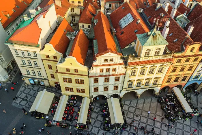 Framed Print : Elevated view of houses by Old Town City Hall at Old Town Square, UNESCO World Heritage Site, Prague, Czech Republic (Czechia), Europe Framed Print : Elevated view of houses by Old Town City Hall at Old Town Square, UNESCO World Heritage Site, Prague, Czech Republic (Czechia), Europe