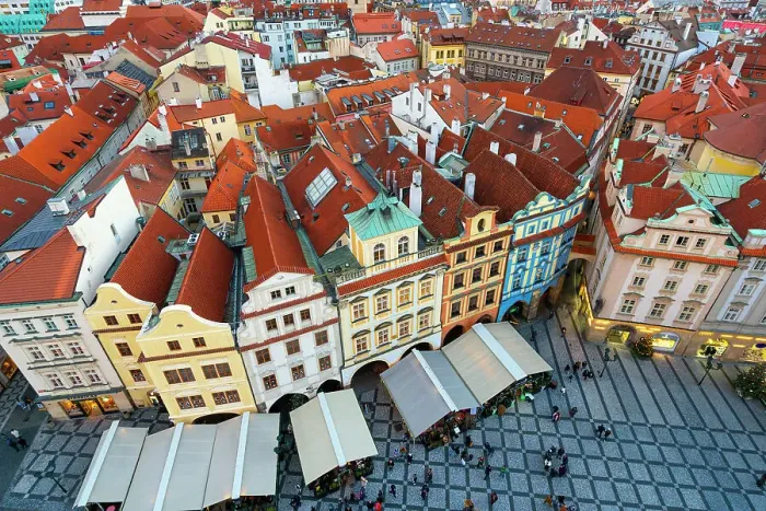 Framed Print : Elevated view of houses with red roofs as seen from Prague Astronomical Clock at Old Town Square, Prague, Czech Republic (Czechia), Europe Framed Print : Elevated view of houses with red roofs as seen from Prague Astronomical Clock at Old Town Square, Prague, Czech Republic (Czechia), Europe