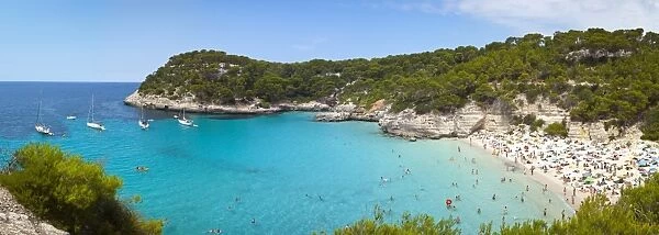 Elevated view over the idyllic beach of Cala Mitjana, Menorca, Balearic Islands, Spain, Mediterranean, Europe