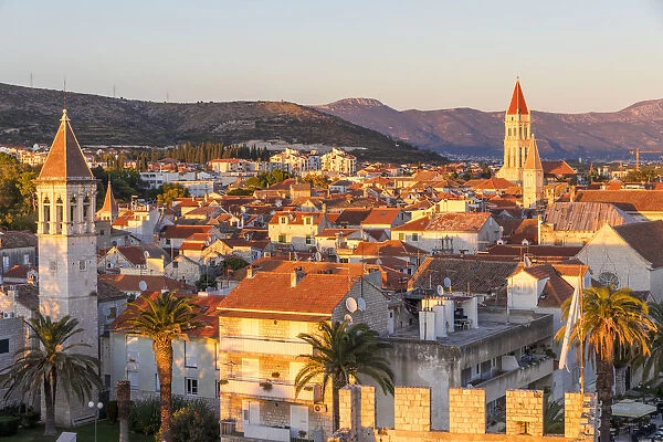 Elevated view from Kamerlengo Fortress over the old town of Trogir at sunset, UNESCO