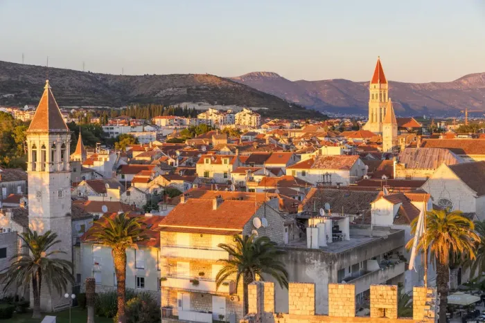 Framed Print : Elevated view from Kamerlengo Fortress over the old town of Trogir at sunset, UNESCO Framed Print : Elevated view from Kamerlengo Fortress over the old town of Trogir at sunset, UNESCO