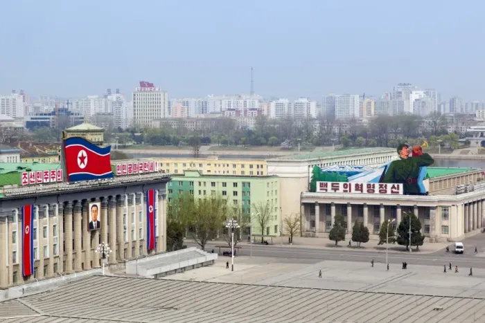 Framed Print : Elevated view over Kim Il Sung Square, Pyongyang, Democratic Peoples Republic of Korea (DPRK), North Korea, Asia