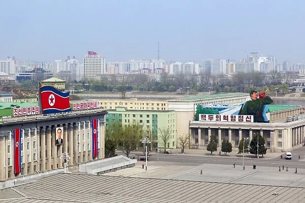 Elevated view over Kim Il Sung Square, Pyongyang, Democratic Peoples Republic of Korea (DPRK), North Korea, Asia