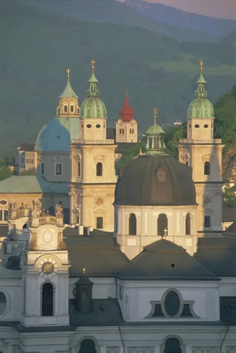 Framed Print : Elevated view of Kollegienkirche and cathedral domes, Salzburg, UNESCO World Heritage Site