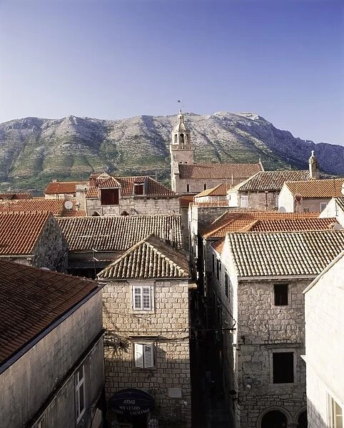 Elevated view of Korcula town looking across to the Peljesac Peninsula