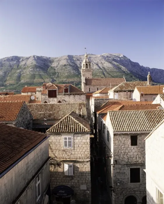 Framed Print : Elevated view of Korcula town looking across to the Peljesac Peninsula Framed Print : Elevated view of Korcula town looking across to the Peljesac Peninsula