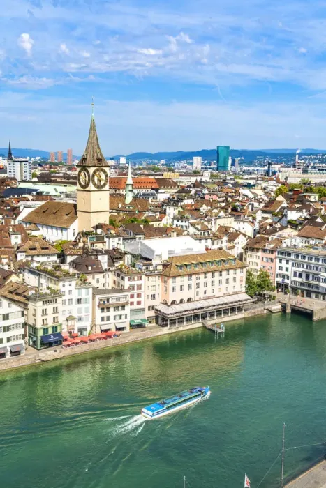Framed Print : Elevated view of Limmat River and St. Peter church from tall towers of Grossmunster Framed Print : Elevated view of Limmat River and St. Peter church from tall towers of Grossmunster