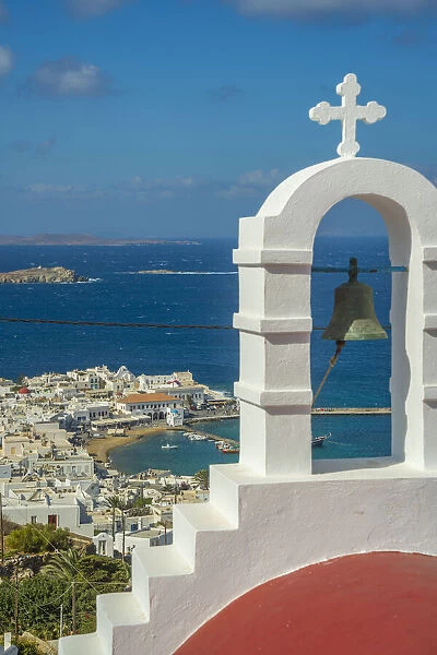 Elevated view of little white chapel, Old Harbour and town, Mykonos Town, Mykonos