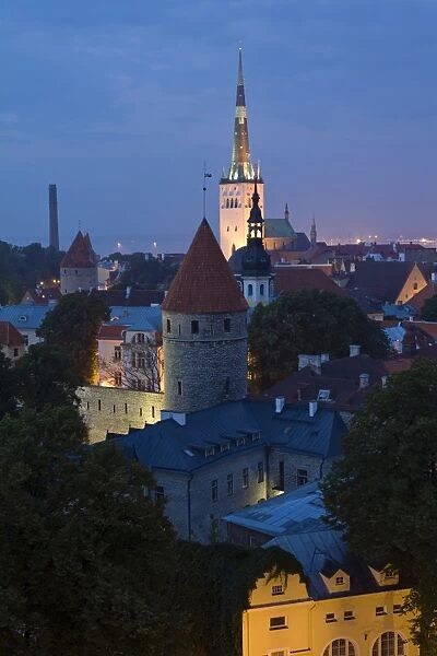 Elevated view of lower Old Town with Oleviste Church in the background, UNESCO World Heritage Site, Tallinn, Estonia, Europe