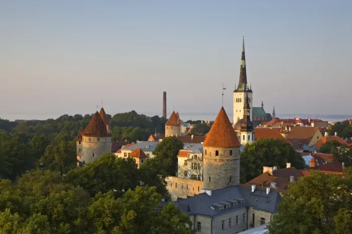 Framed Print : Elevated view of lower Old Town with Oleviste Church in the background, UNESCO World Heritage Site, Tallinn, Estonia, Europe Framed Print : Elevated view of lower Old Town with Oleviste Church in the background, UNESCO World Heritage Site, Tallinn, Estonia, Europe