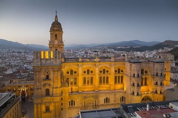 Elevated view of Malaga Cathedral at dusk, Malaga, Costa del Sol, Andalusia, Spain
