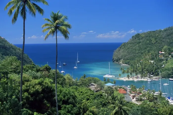 Framed Print : Elevated view over Marigot Bay, island of St Framed Print : Elevated view over Marigot Bay, island of St