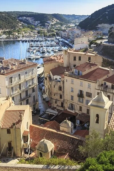 Elevated view of marina, Bonifacio, Corsica, France, Mediterranean, Europe