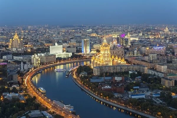 Elevated view over the Moskva River embankment, Ukraine Hotel and the Russian White House