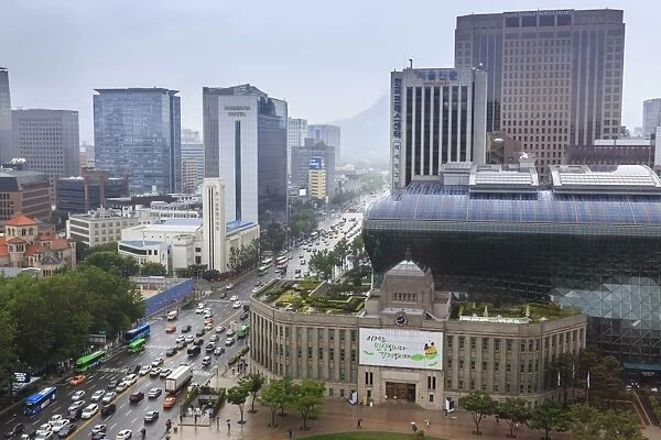 Elevated view over new City Hall, modern glass and steel building on Seoul Plaza