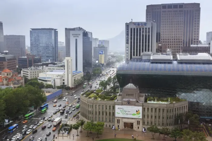 Framed Print : Elevated view over new City Hall, modern glass and steel building on Seoul Plaza Framed Print : Elevated view over new City Hall, modern glass and steel building on Seoul Plaza
