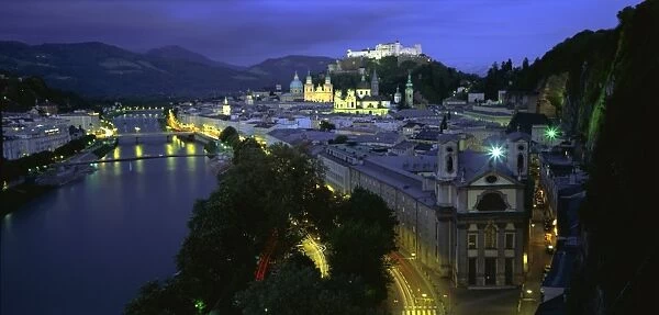 Elevated view of the old city, Kollegienkirche and Cathedral domes, Salzburg