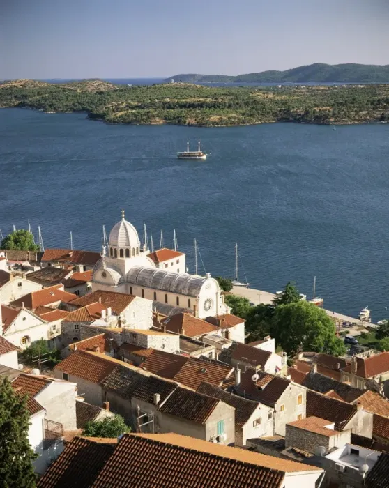 Framed Print : Elevated view of the Old Town and cathedral of St. Jacob, Sibenik, Knin Region Framed Print : Elevated view of the Old Town and cathedral of St. Jacob, Sibenik, Knin Region