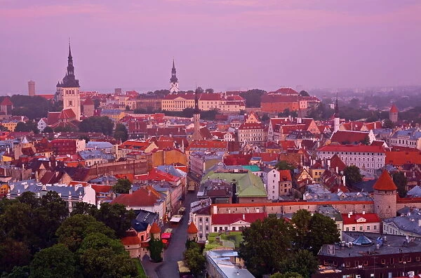 Elevated view over Old Town at dawn, Tallinn, Estonia, Europe