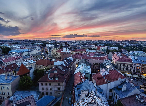 Elevated view of the Old Town at sunset, City of Lublin, Lublin Voivodeship, Poland