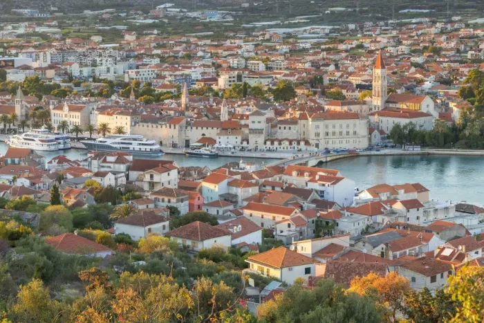 Framed Print : Elevated view over the old town of Trogir at sunset, Trogir, Croatia, Europe Framed Print : Elevated view over the old town of Trogir at sunset, Trogir, Croatia, Europe