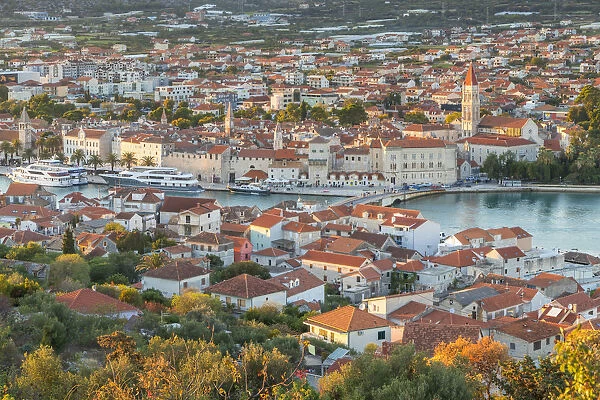 Elevated view over the old town of Trogir at sunset, Trogir, Croatia, Europe