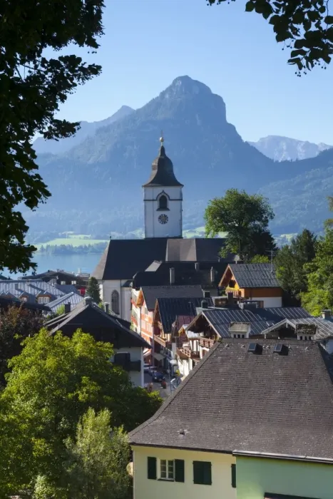 Framed Print : Elevated view over Parish Church and St. Wolfgang, Wolfgangsee lake, Flachgau, Salzburg, Upper Austria, Austria, Europe Framed Print : Elevated view over Parish Church and St. Wolfgang, Wolfgangsee lake, Flachgau, Salzburg, Upper Austria, Austria, Europe