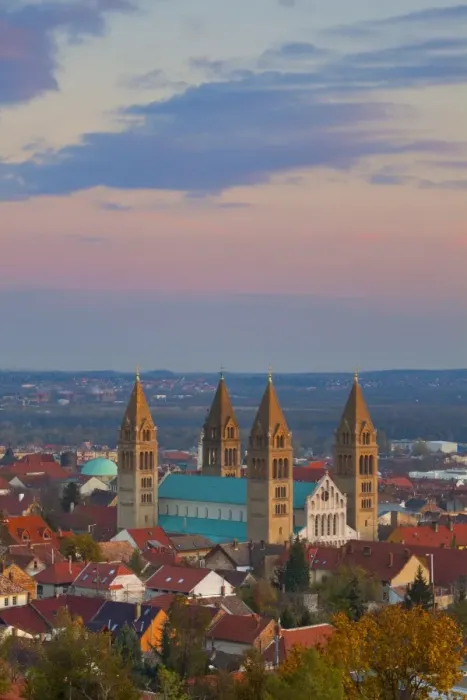 Framed Print : Elevated view over the Pecs Cathedral at sunset, Pecs, Hungary, Europe