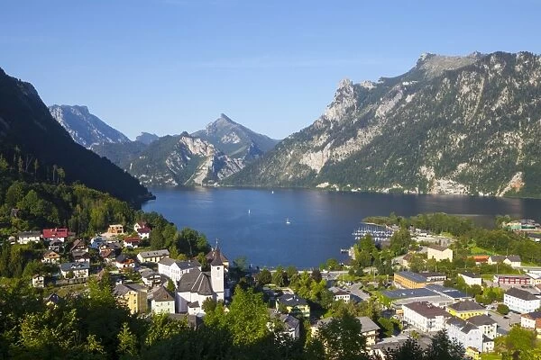 Elevated view over picturesque Ebensee, Lake Traunsee, Salzkammergut, Upper Austria, Austria, Europe