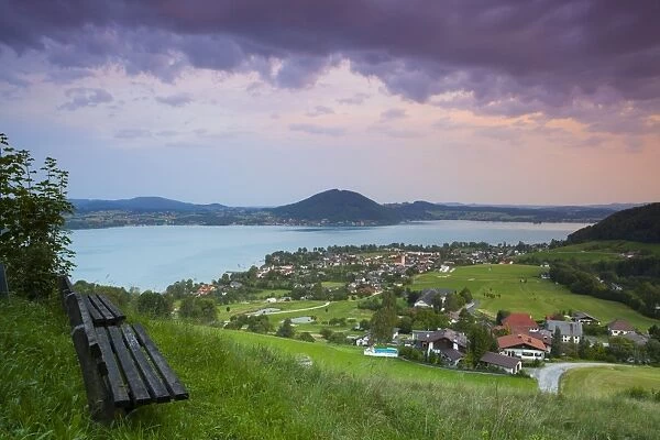 Elevated view over picturesque Weyregg am Attersee illuminated at dawn, Attersee, Salzkammergut, Austria, Europe