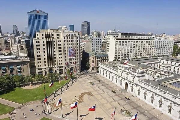 Elevated view over the Plaza de la Constitucion and the central Santiago city skyline