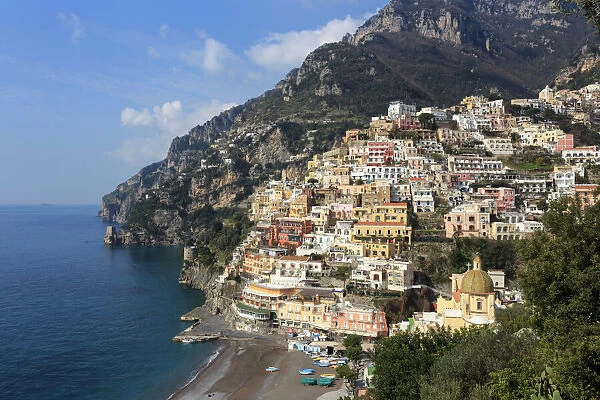 Elevated view of Positano beach and cliffs, Costiera Amalfitana (Amalfi Coast), UNESCO
