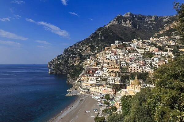 Elevated view of Positano town, church and beach in spring, Amalfi Coast, UNESCO