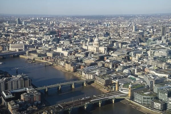 Elevated view of the River Thames and London skyline looking West, London, England, United Kingdom, Europe