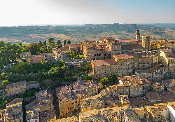 Elevated view of rooftops and town of Montepulciano at sunset, Montepulciano, Tuscany, Italy, Europe