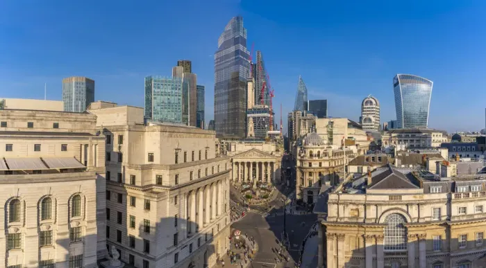 Framed Print : Elevated view of the Royal Exchange with The City of London in the background, London Framed Print : Elevated view of the Royal Exchange with The City of London in the background, London