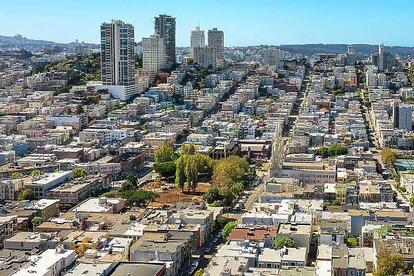 Elevated view of Russian Hill neighborhood and Washington Square seen from Coit Tower, San Francisco, California, United States of America, North America